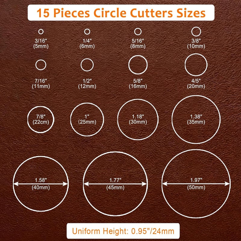 JIDOLAR 15 Pieces Leather Circle Cutter Tool Set, Hole Punch Tools with 5 6 8 10 11 12 16 20 22 25 30 35 40 45 50mm, High Carbon Steel Round Cutting Dies, Hole Punch Tool Kit for DIY Leather Crafts - Image 2